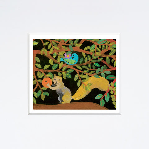 Simona Mulazzani | Scoiattolo e uccellino | 25 x 25 cm | (MINIMU 74)