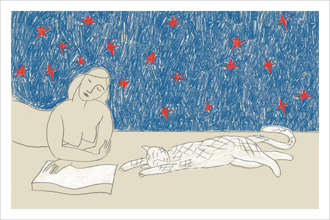 Donna che legge con gatto illustrazione di Guido Scarabottolo